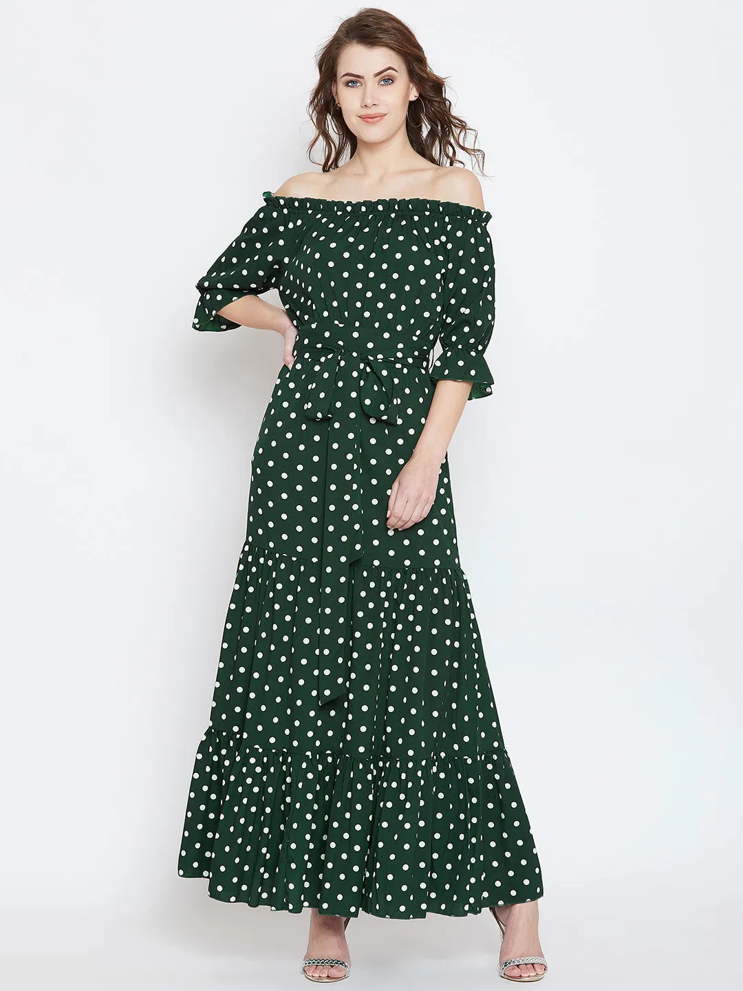 Berrylush Women Green & White Polka Dot Printed Off-Shoulder Waist Tie-Up Tiered Maxi Dress