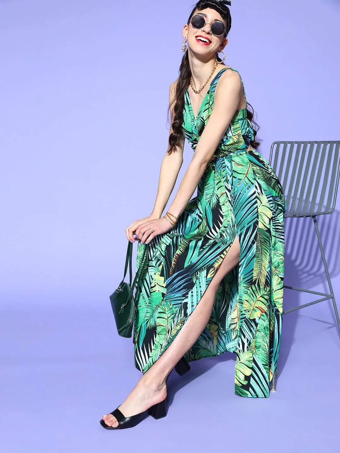 Berrylush Women Green & Yellow Floral Printed V-Neck Open Back Thigh-High Slited A-Line Maxi Dress