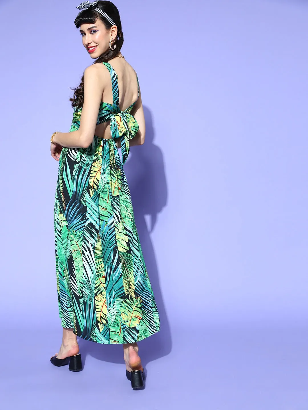 Berrylush Women Green & Yellow Floral Printed V-Neck Open Back Thigh-High Slited A-Line Maxi Dress