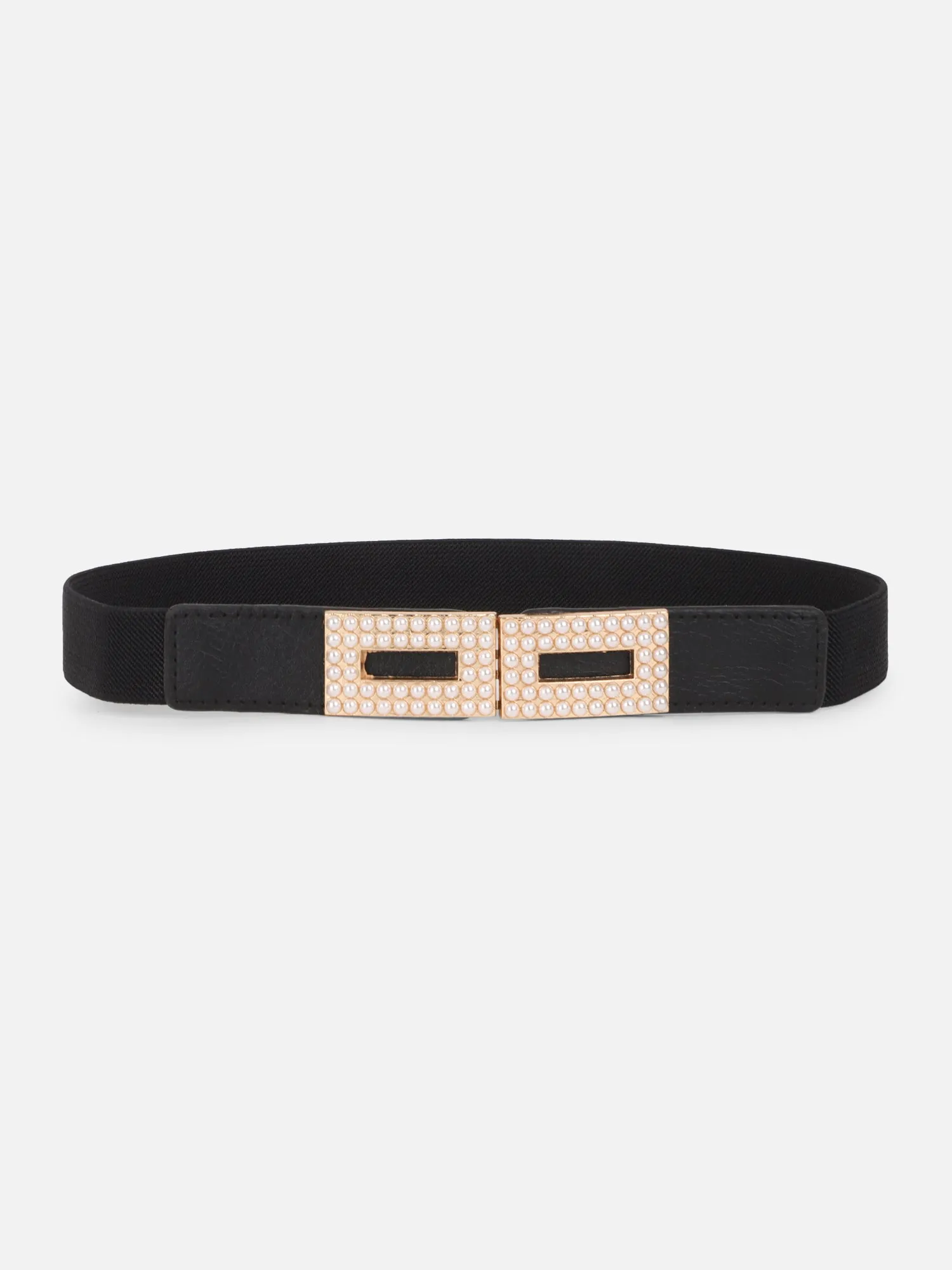 Berrylush Women Solid Black Golden Embellished Pearl Studded PU Nylon Interlock Regular Slim Belt