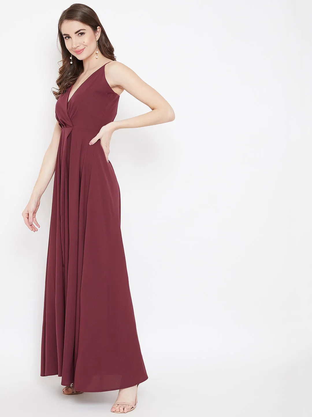 Berrylush Women Solid Maroon V-Neck Sleeveless Crepe Thigh-High Slit A-Line Maxi Dress