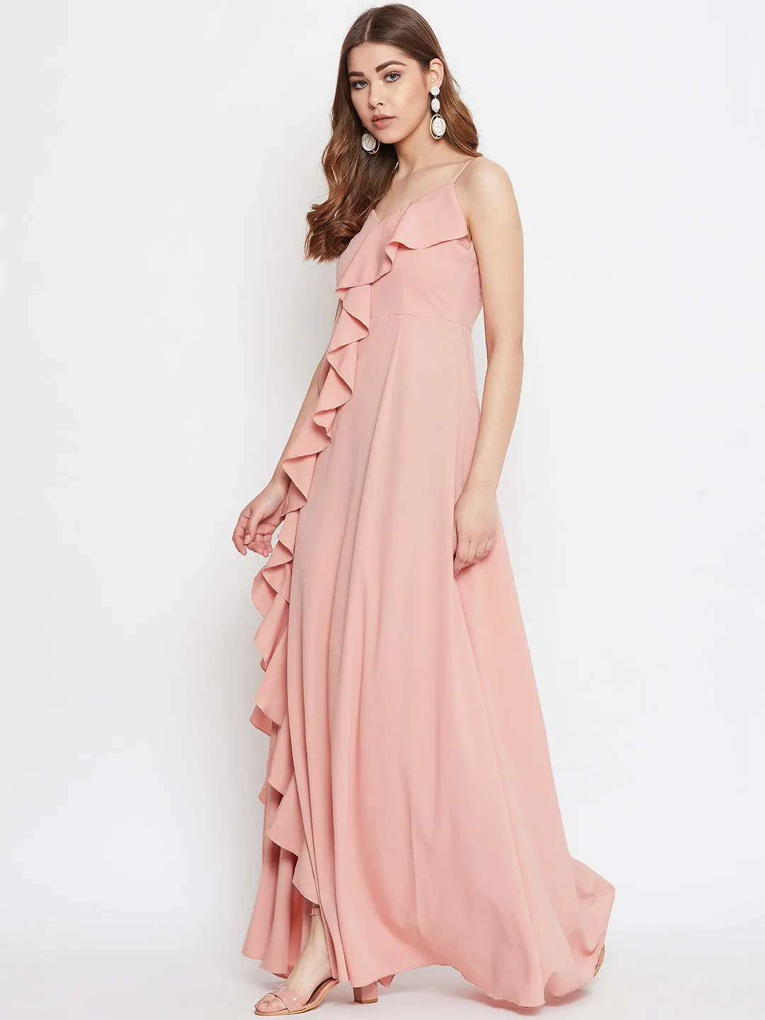 Berrylush Women Solid Pink V-Neck Front-Slit Ruffled Maxi Dress