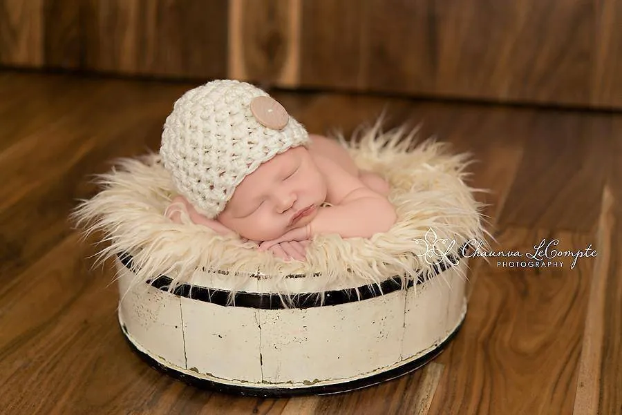 Big Button Beanie Hat Cream Beige