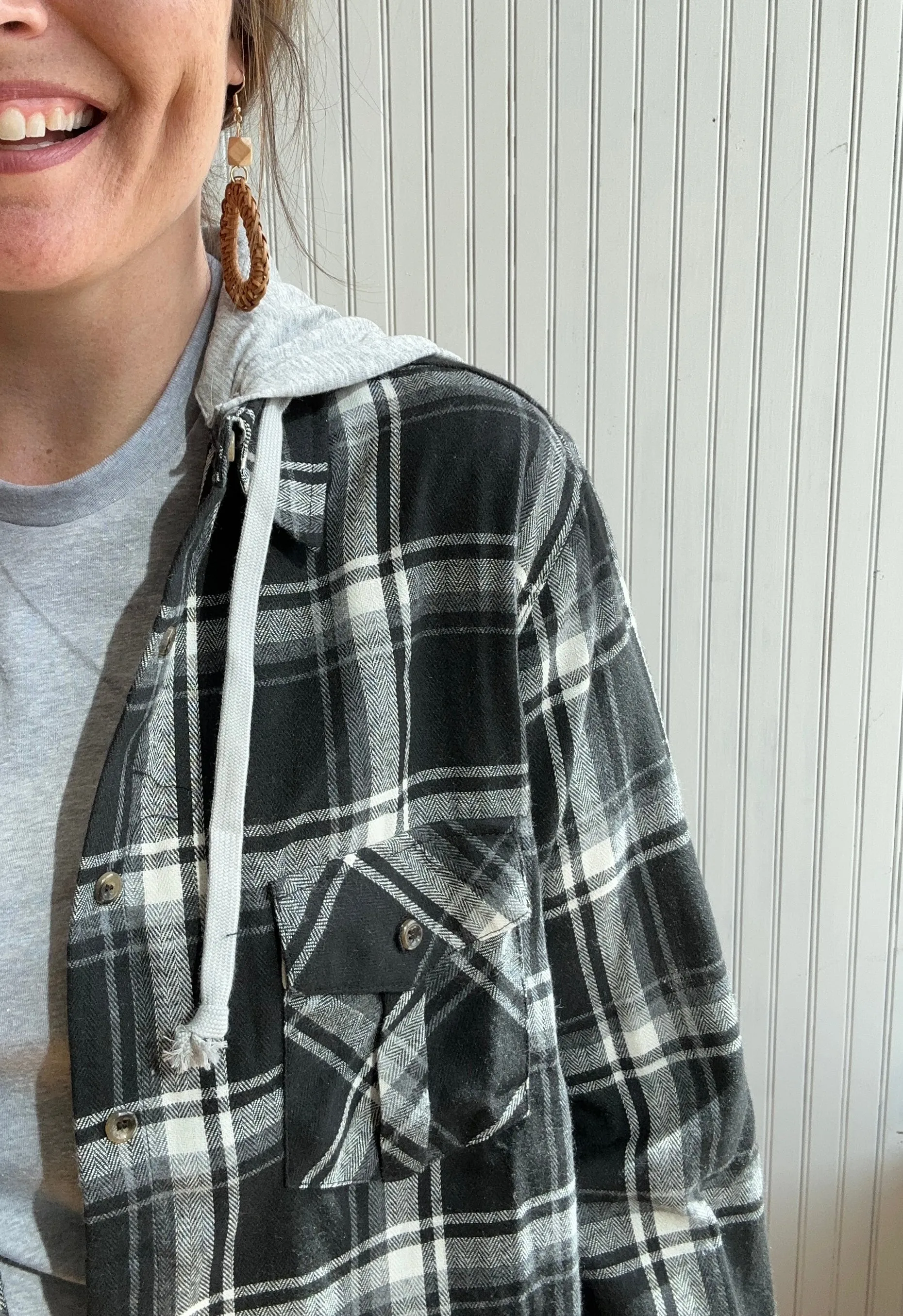 Black & White Lightweight Plaid Shacket with Hood-Plus