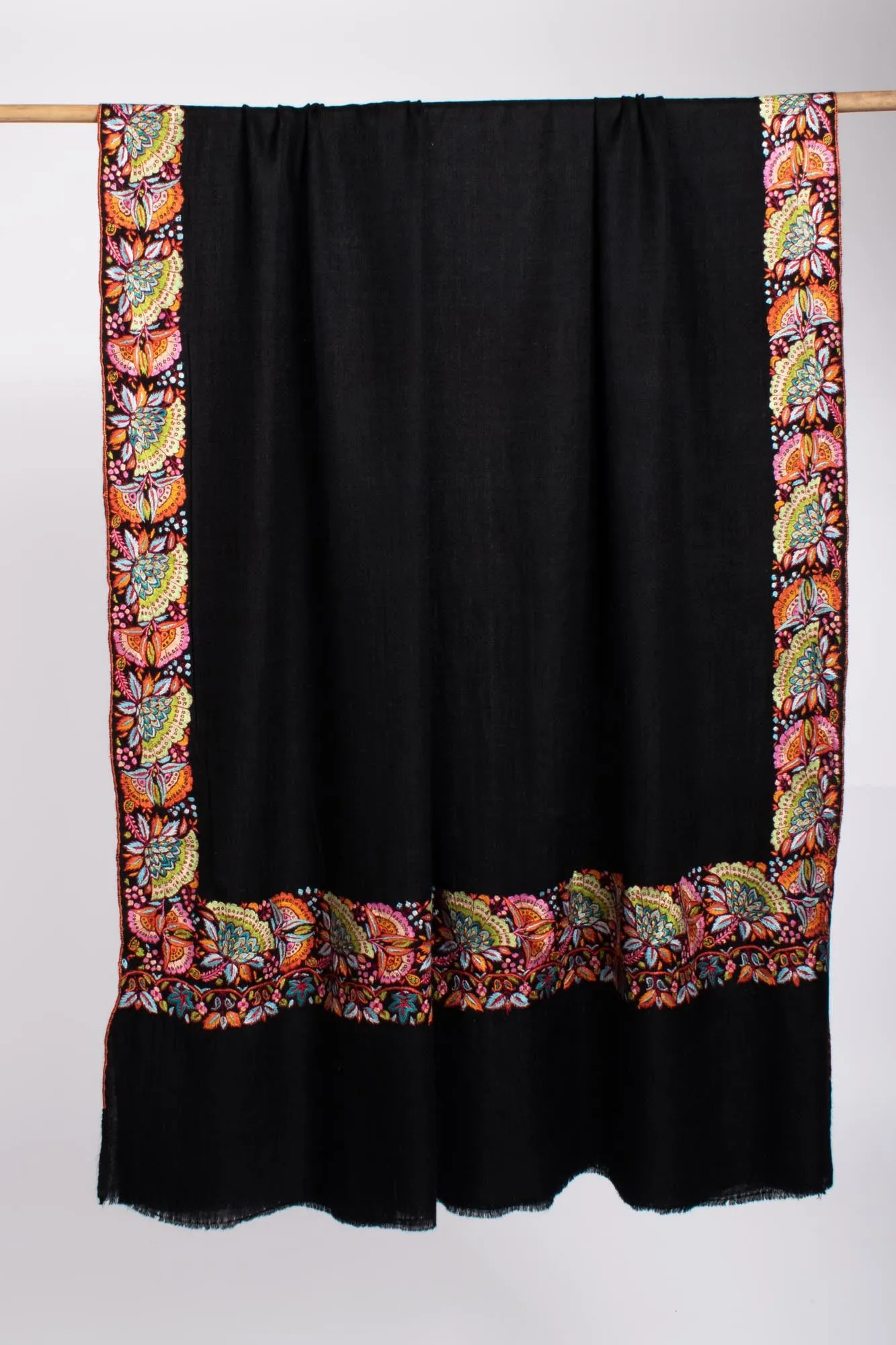 Black Floral Embroidered Pashmina Shawl - MARION