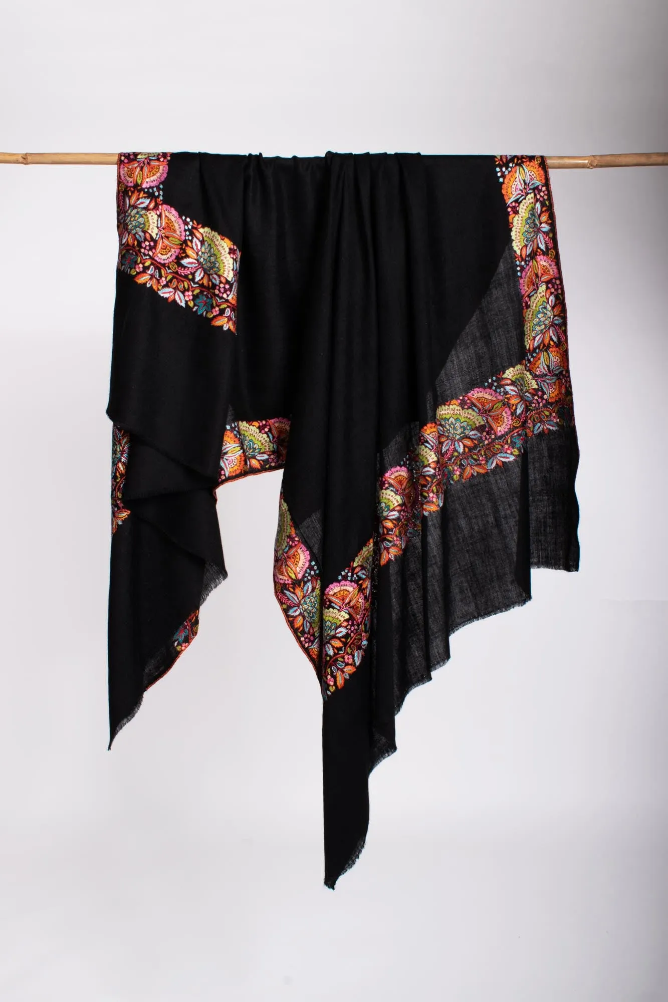 Black Floral Embroidered Pashmina Shawl - MARION