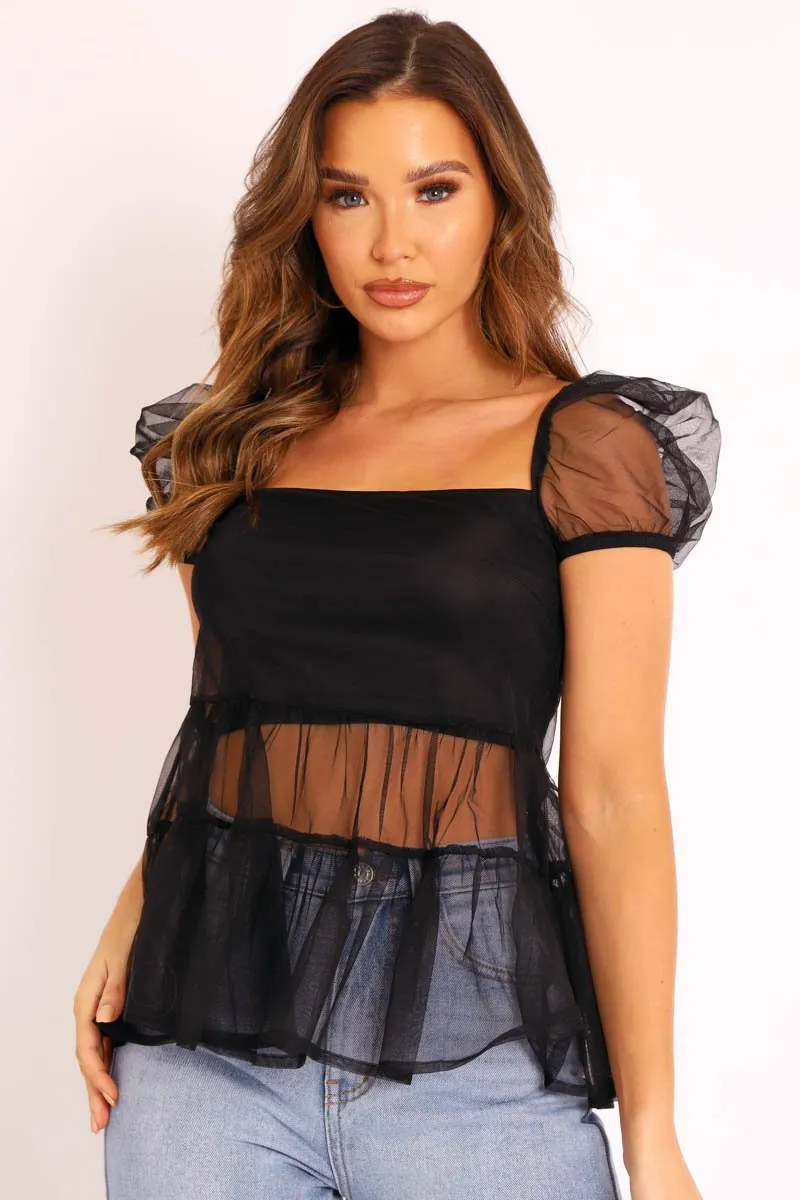 Black Mesh Smock Overlay Top - Alivia