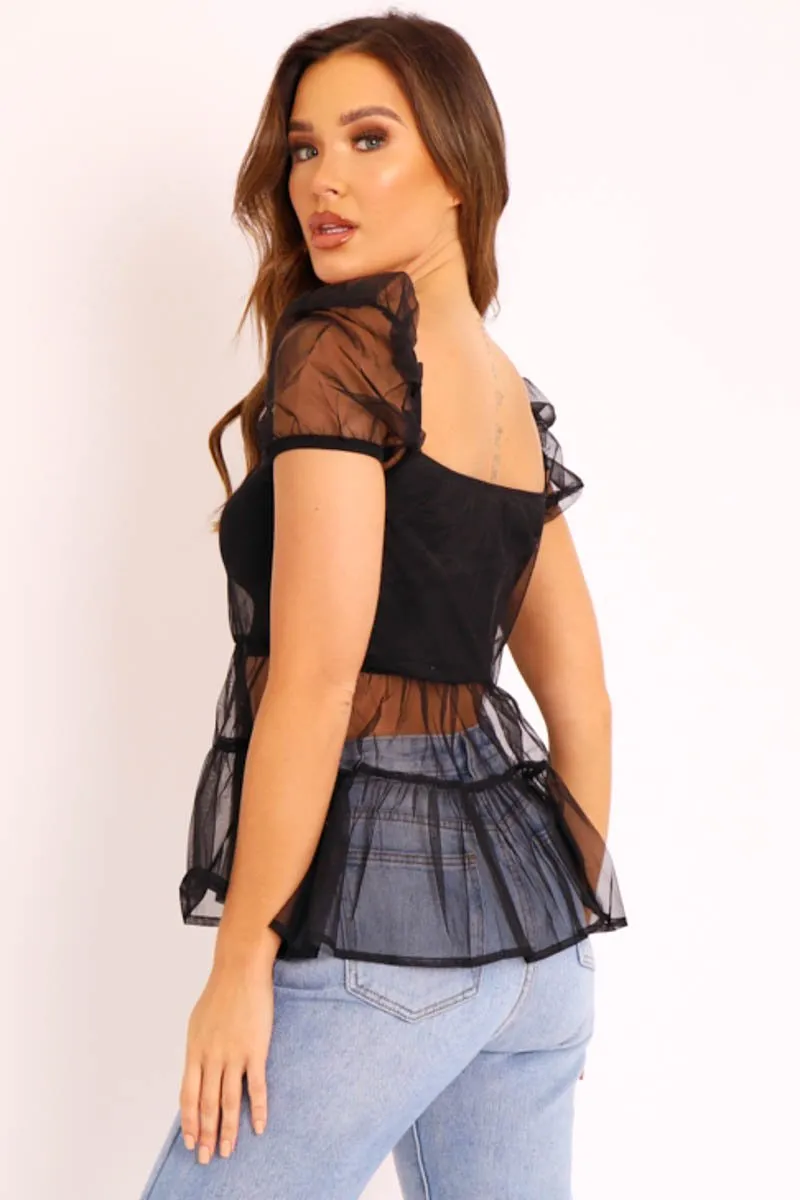 Black Mesh Smock Overlay Top - Alivia