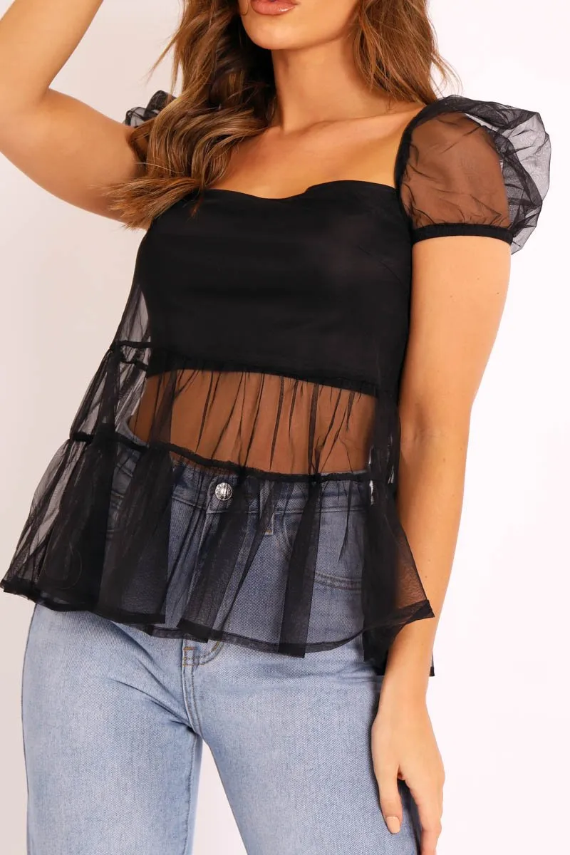 Black Mesh Smock Overlay Top - Alivia