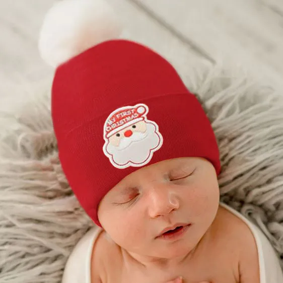 Black or White Santa Red Hospital hat for Boys or Girls with Fuzzy White Pom - Gender Neutral Christmas Hat for Newborns