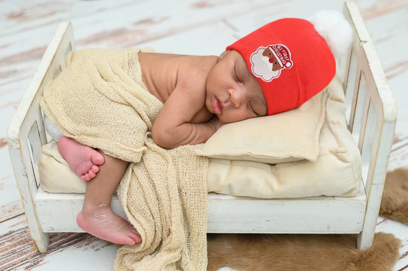 Black or White Santa Red Hospital hat for Boys or Girls with Fuzzy White Pom - Gender Neutral Christmas Hat for Newborns