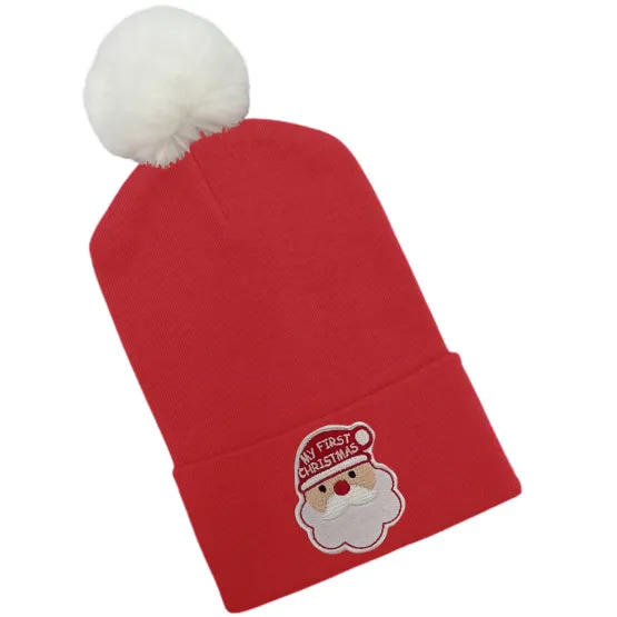 Black or White Santa Red Hospital hat for Boys or Girls with Fuzzy White Pom - Gender Neutral Christmas Hat for Newborns