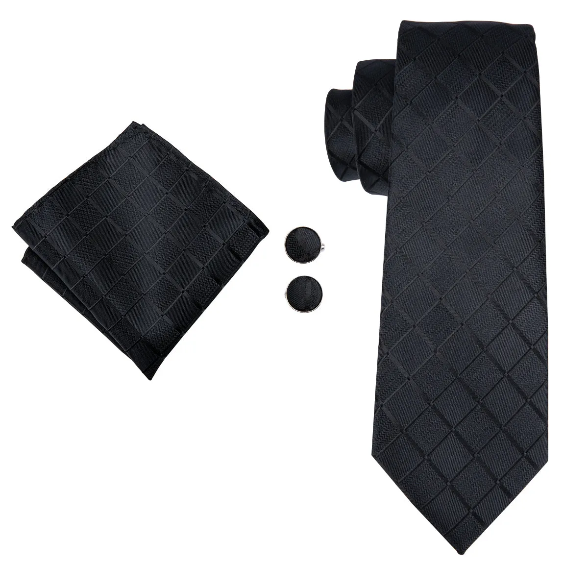 Black Plaid Tie Handkerchief Cufflinks Set