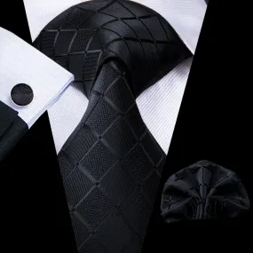 Black Plaid Tie Handkerchief Cufflinks Set