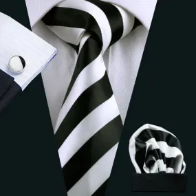 Black White Striped Tie Pocket Square Cufflinks Set