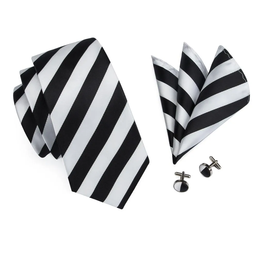 Black White Striped Tie Pocket Square Cufflinks Set