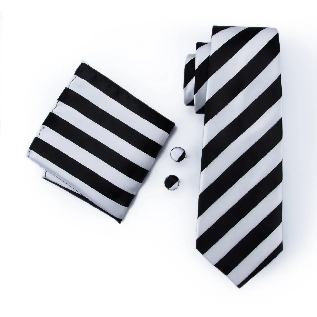 Black White Striped Tie Pocket Square Cufflinks Set