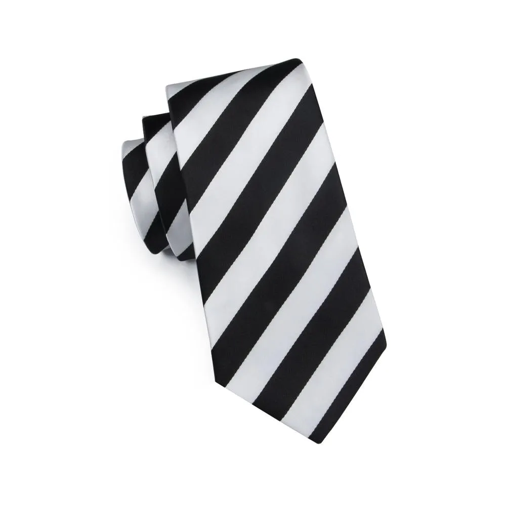 Black White Striped Tie Pocket Square Cufflinks Set