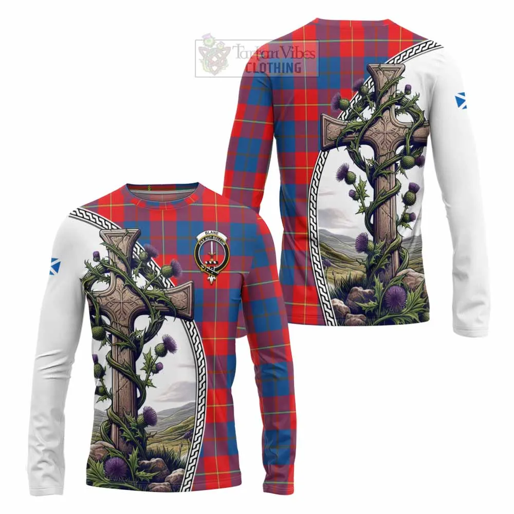 Blane Tartan Long Sleeve T-Shirt with Family Crest and St. Andrew's Cross Accented by Thistle Vines