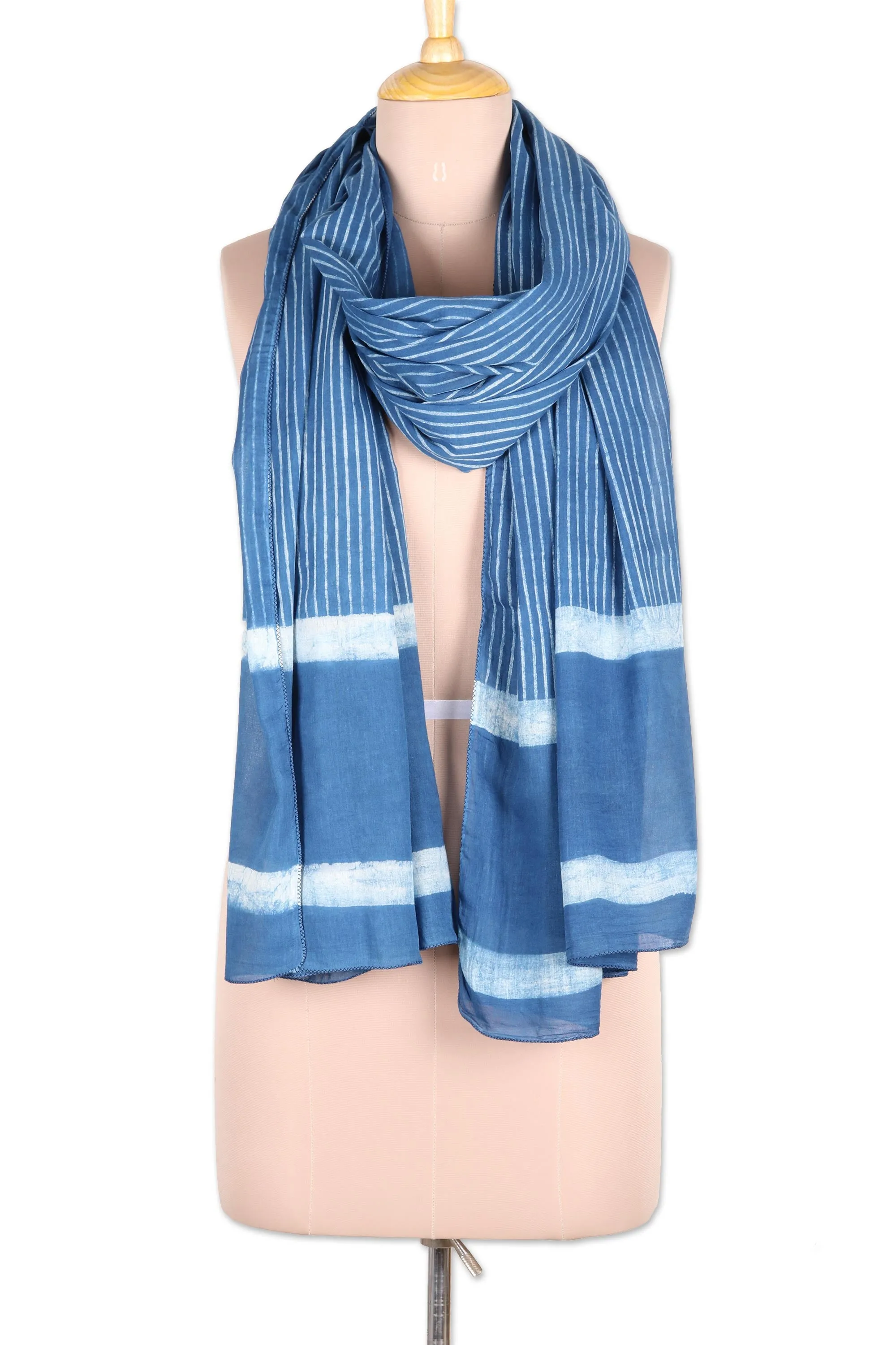 Blue and White Mud Resist Striped Block Print Cotton Shawl - Dabu Blue