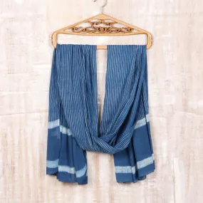 Blue and White Mud Resist Striped Block Print Cotton Shawl - Dabu Blue