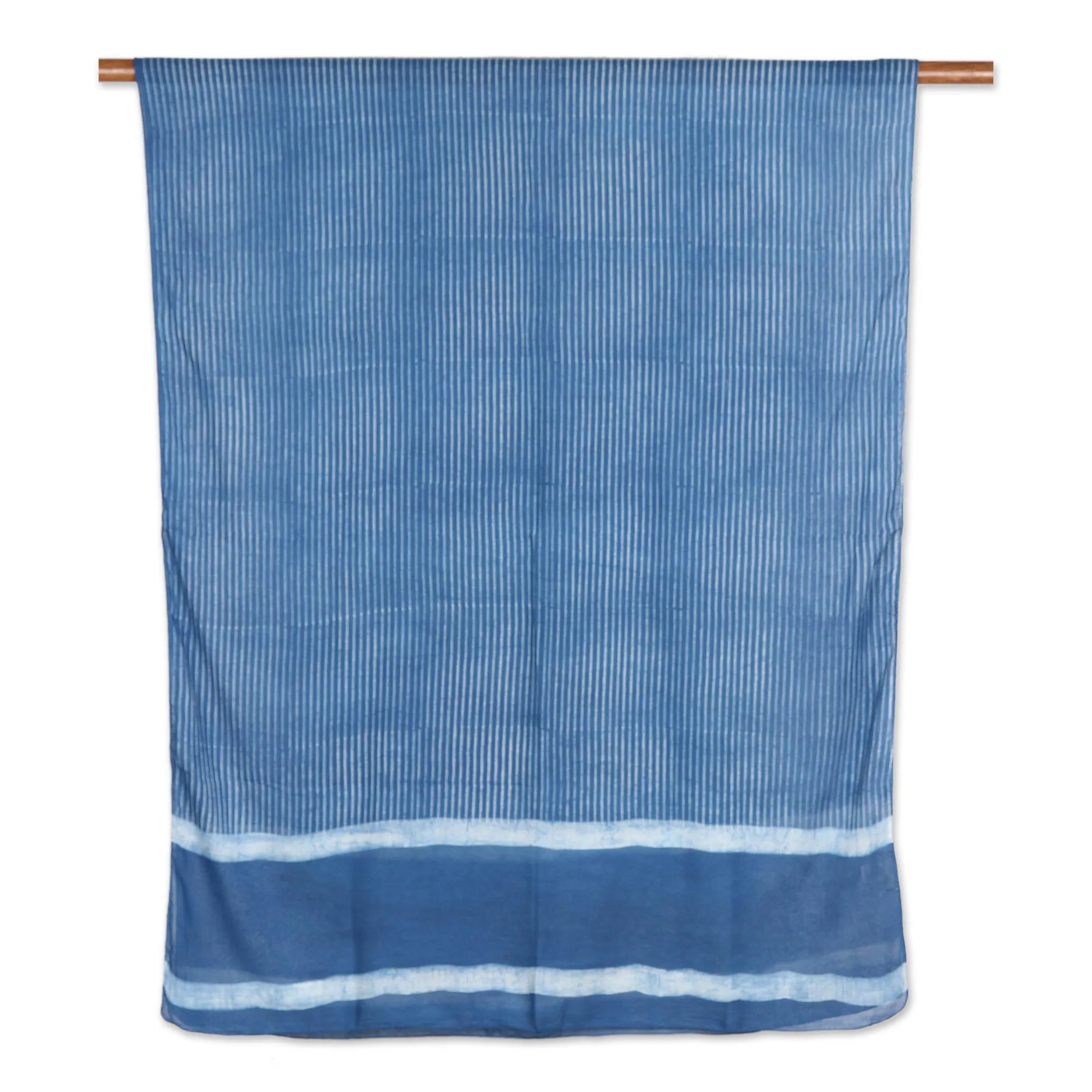 Blue and White Mud Resist Striped Block Print Cotton Shawl - Dabu Blue