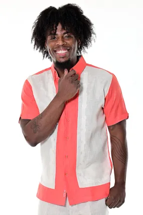 Bohio Men's 100% Linen Bowling Rockabilly Guayabera Style Linen Shirt w/Fancy Shells Details in (2) Colors-MLS1688