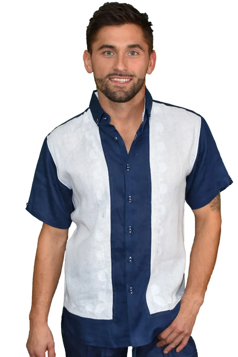 Bohio Men's 100% Linen Bowling Rockabilly Guayabera Style Linen Shirt w/Fancy Shells Details in (2) Colors-MLS1688