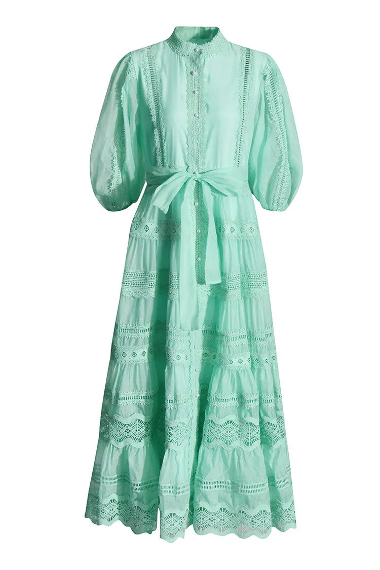 Boho Blouson Sleeve Guipure Lace A Line Tiered Button Up Shirt Maxi Dress