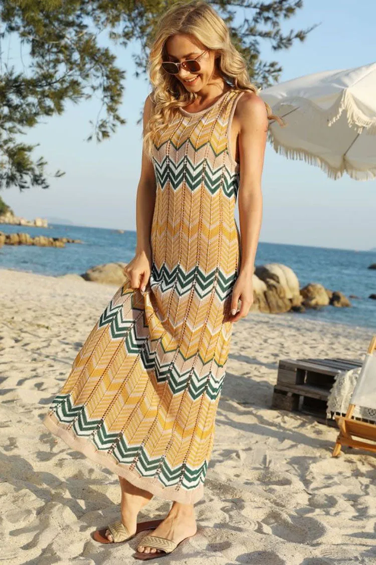 Boho Striped Semi Sheer Crochet Knit Beach Vacation Midi Sundress - Orange