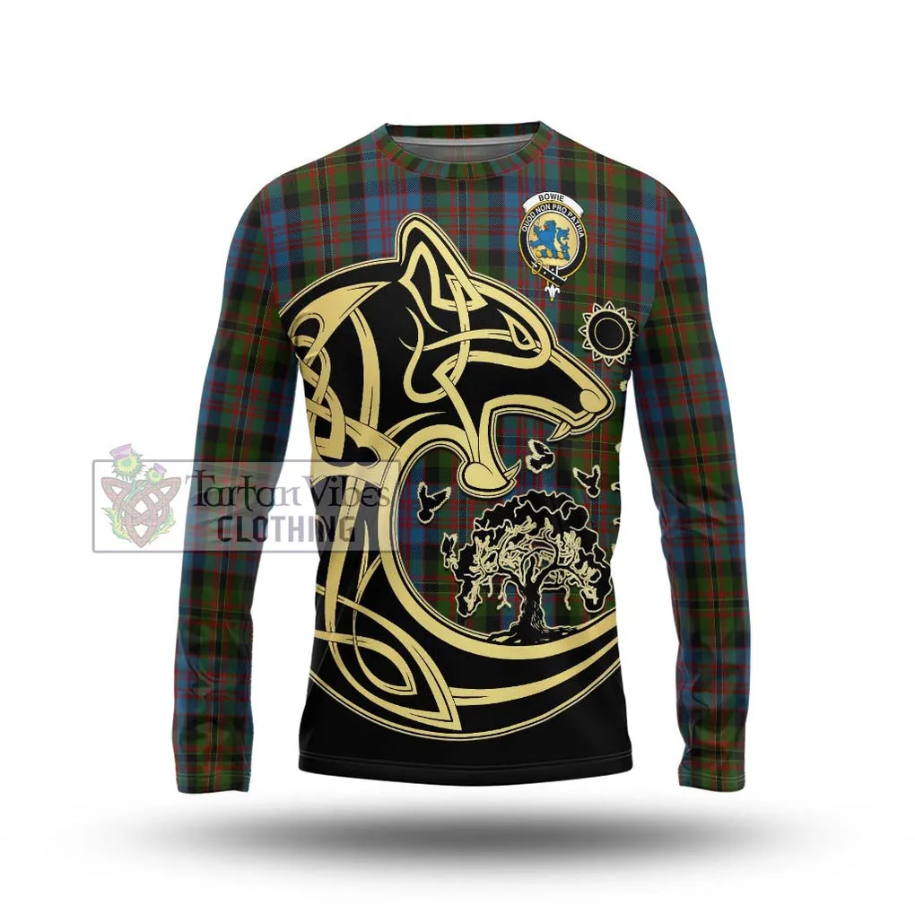 Bowie Tartan Long Sleeve T-Shirt with Family Crest Celtic Wolf Style