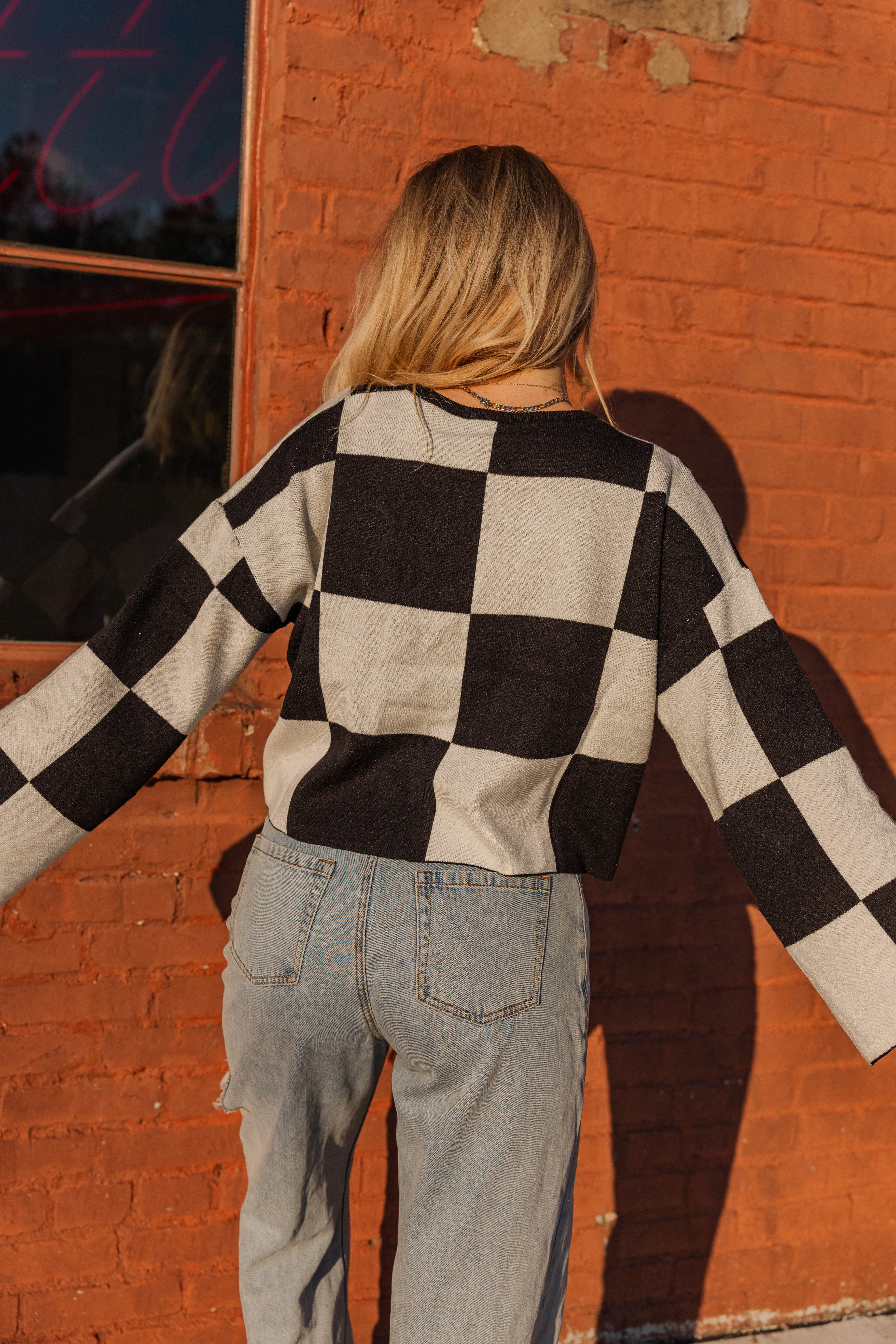 Brentwood Checkered Cropped Sweater- Black