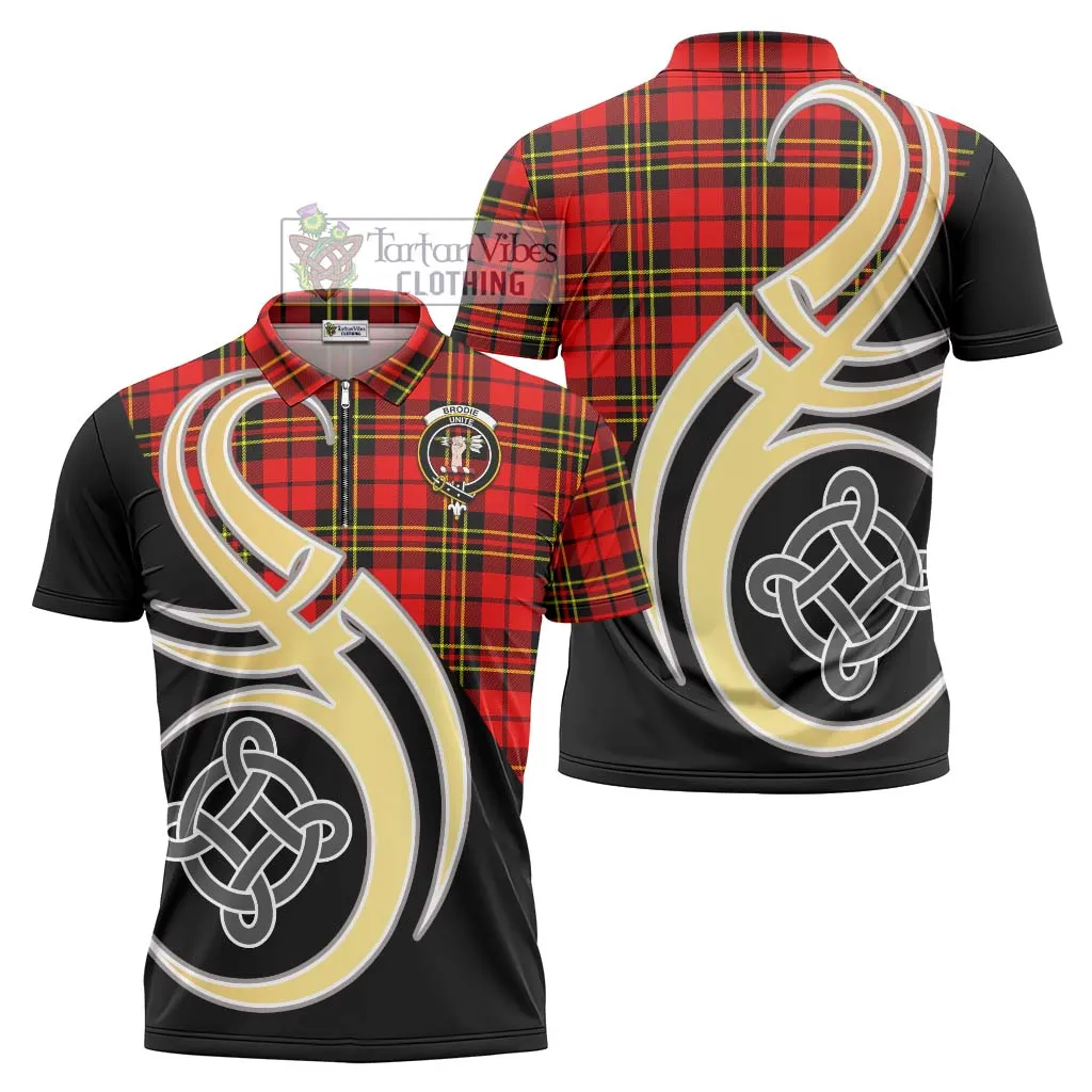 Brodie Modern Tartan Zipper Polo Shirt with Family Crest and Celtic Symbol Style