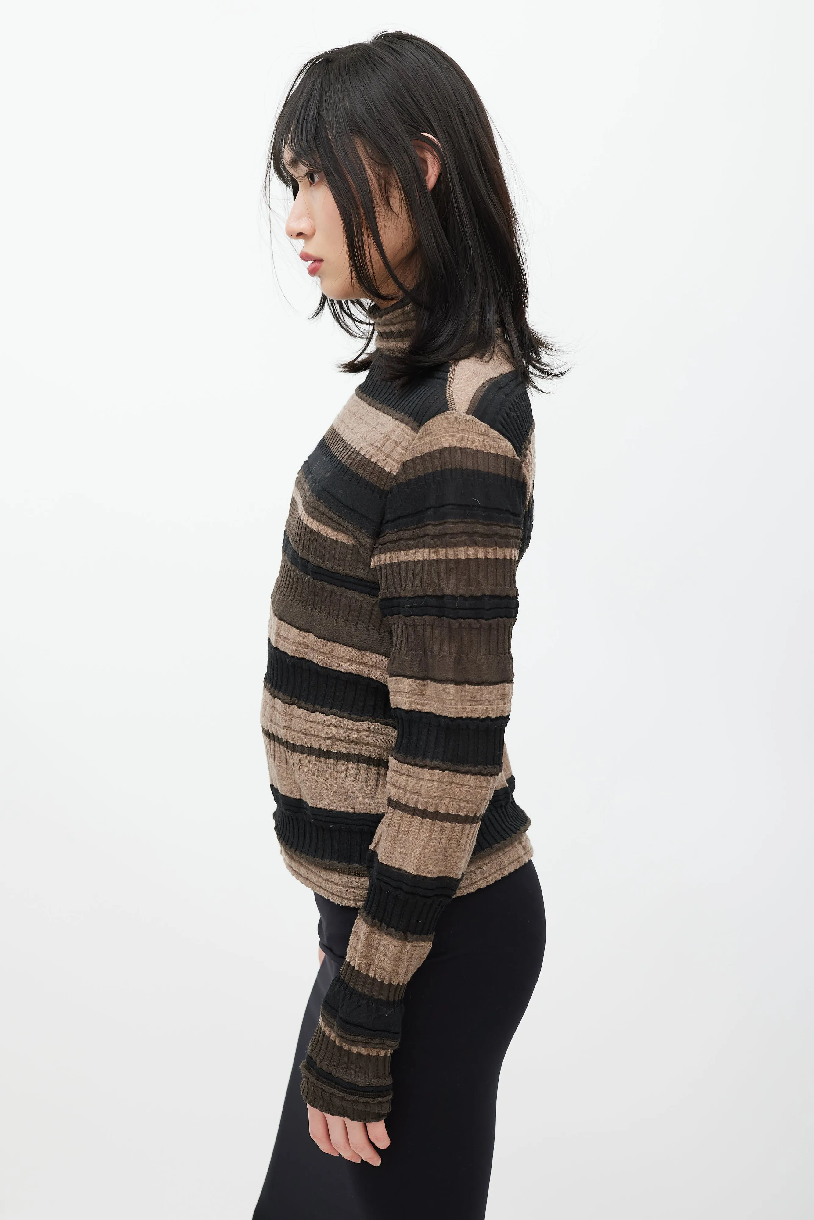 Brown & Black Striped Ribbed Turtleneck