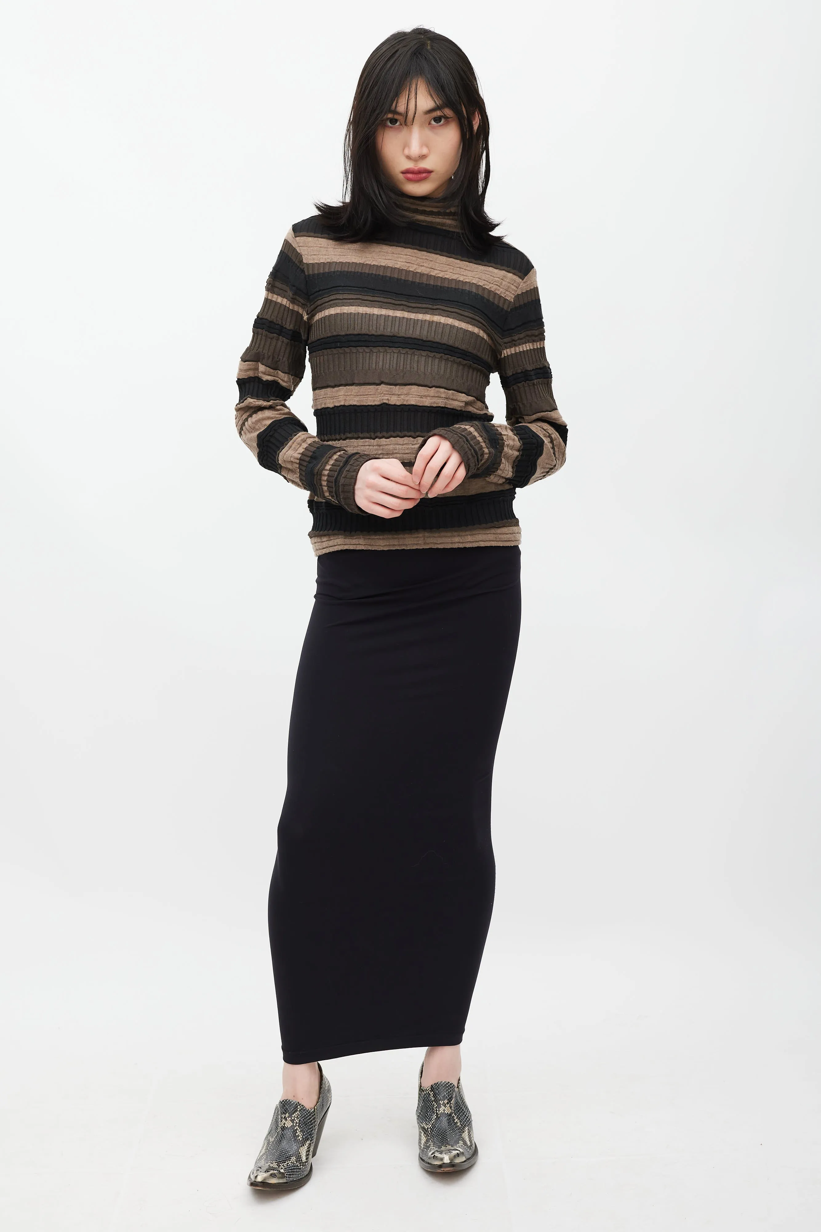 Brown & Black Striped Ribbed Turtleneck