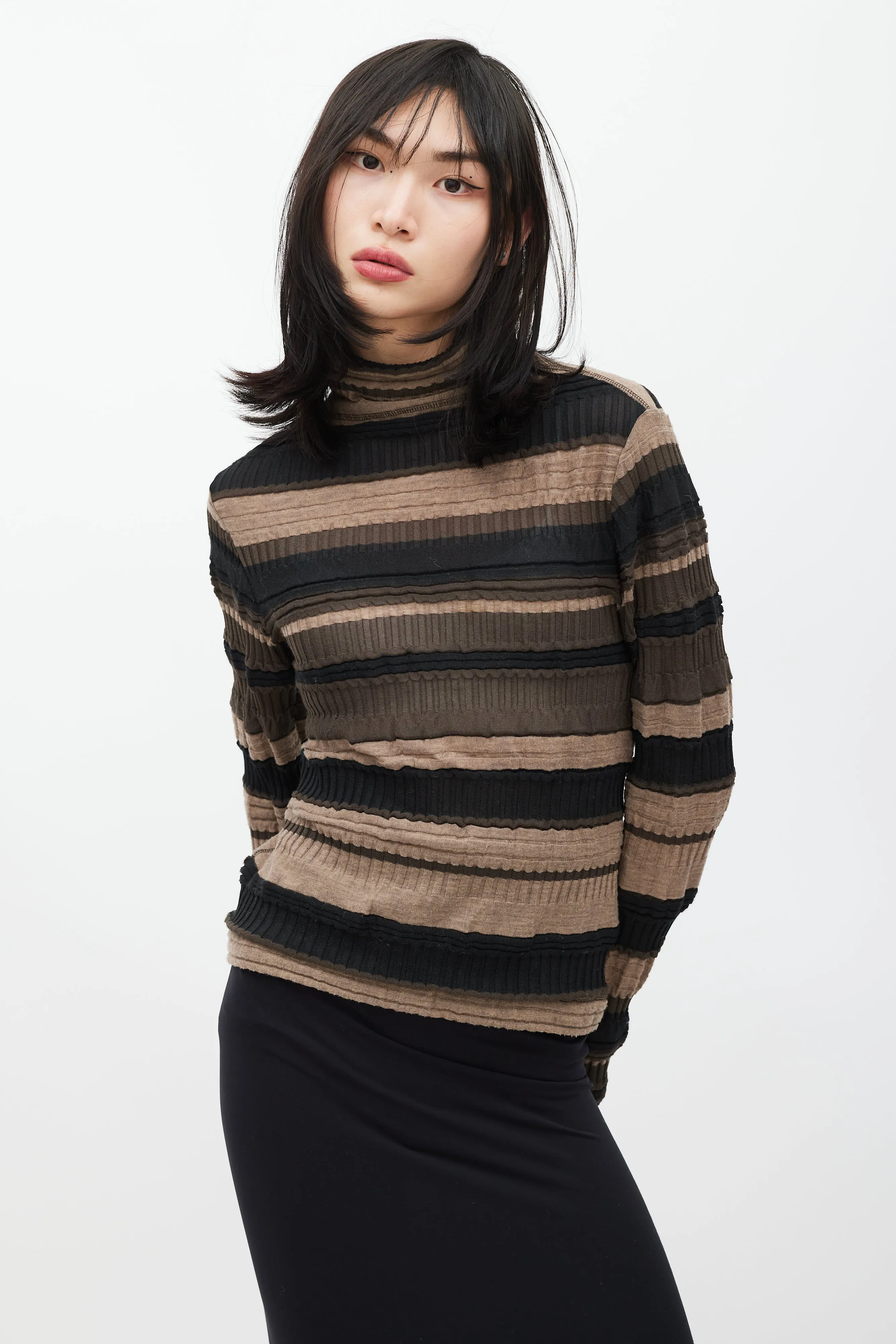 Brown & Black Striped Ribbed Turtleneck