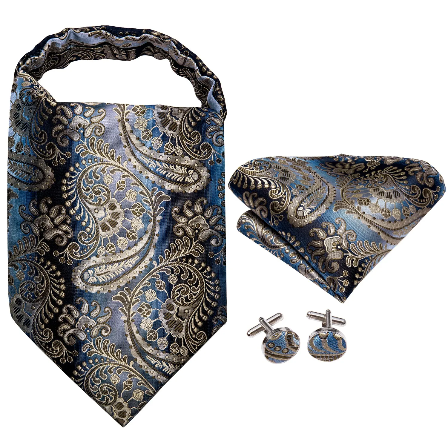 Brown Blue Paisley Silk Ascot Tie Pocket Square Cufflinks Set