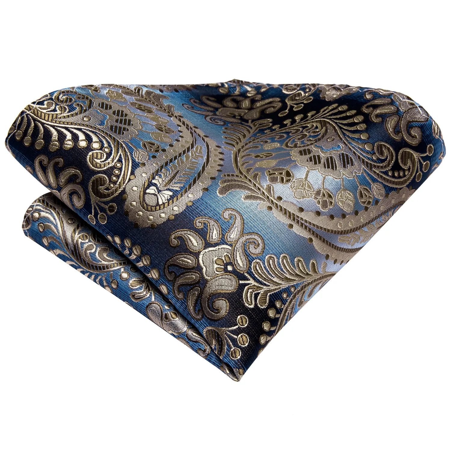 Brown Blue Paisley Silk Ascot Tie Pocket Square Cufflinks Set