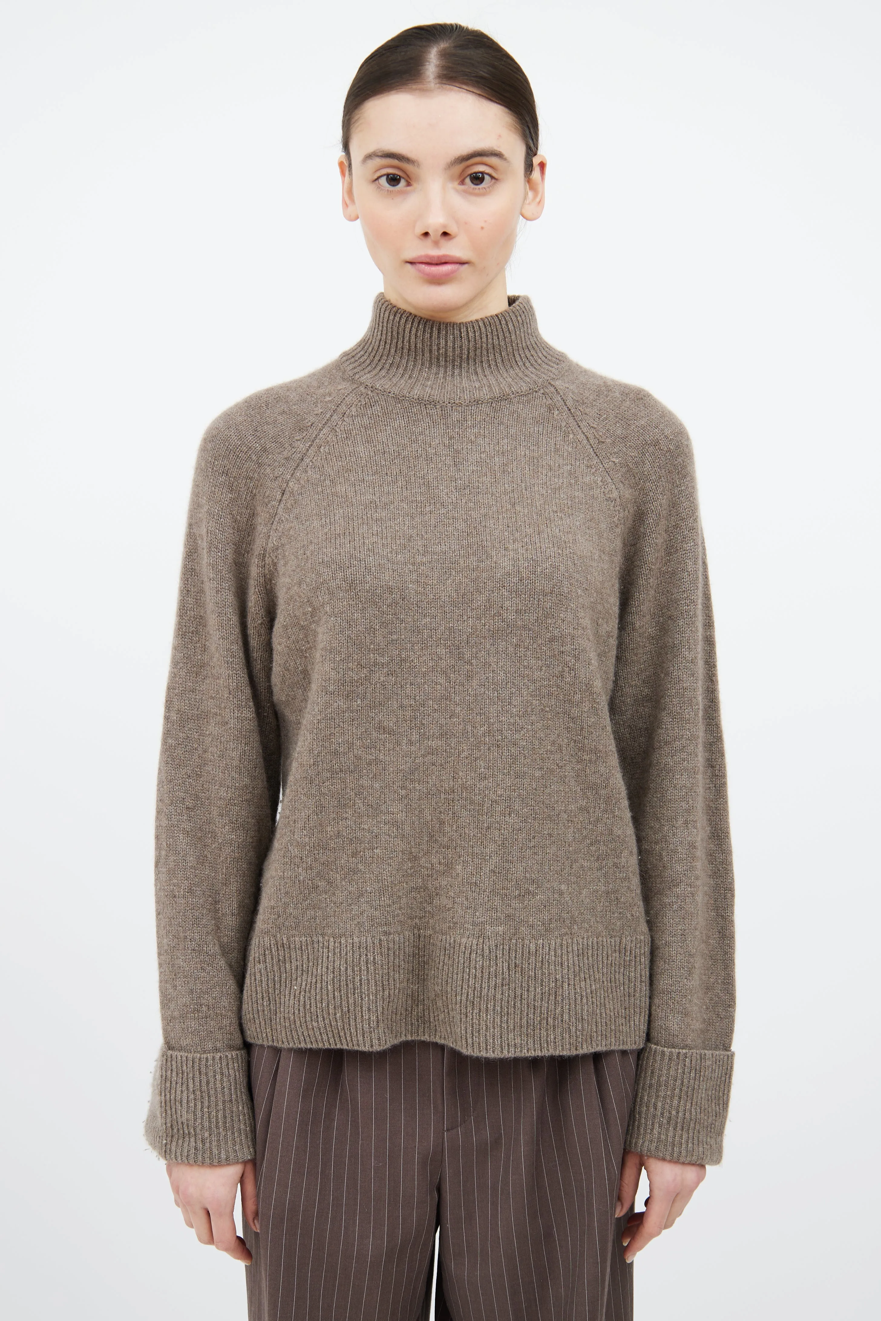 Brown Cashmere Knit Mock Neck Sweater