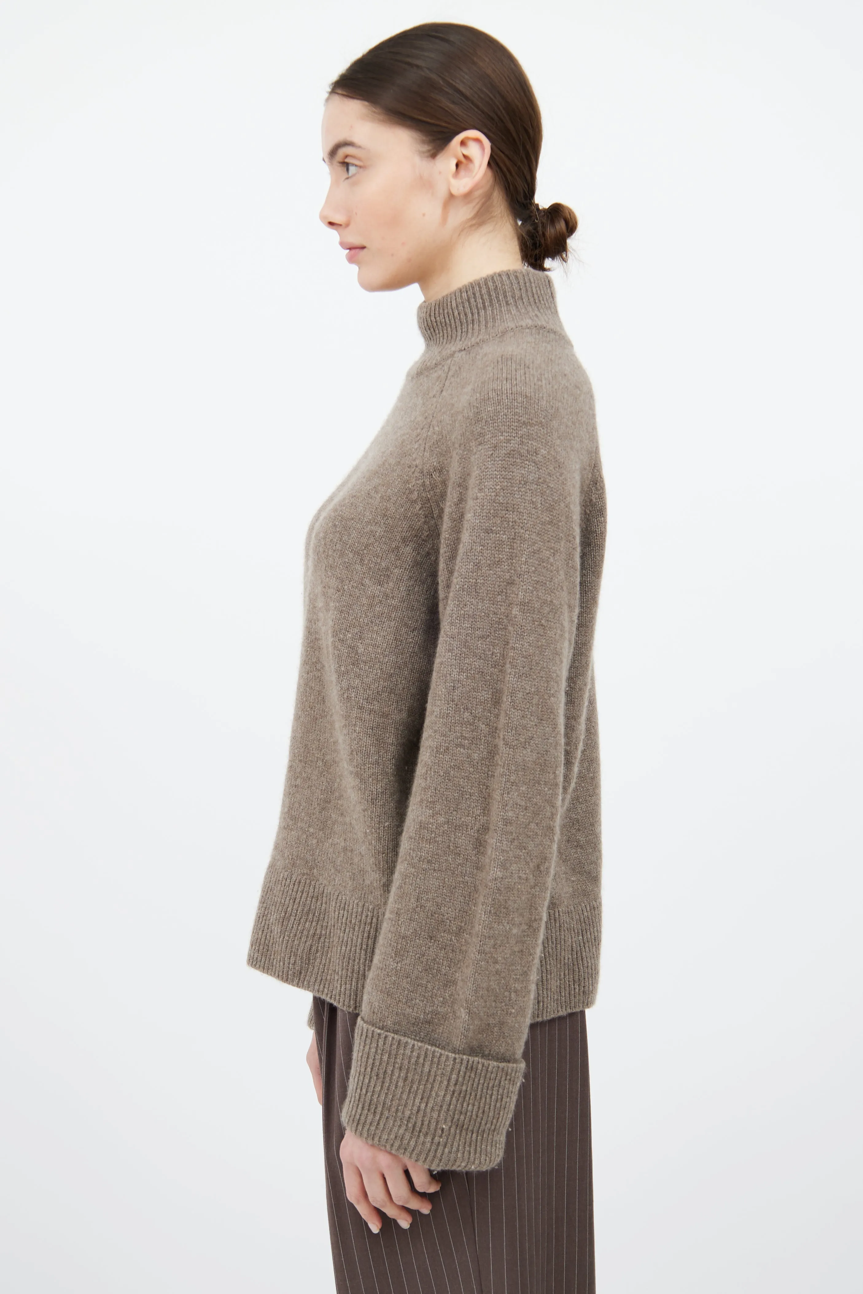 Brown Cashmere Knit Mock Neck Sweater