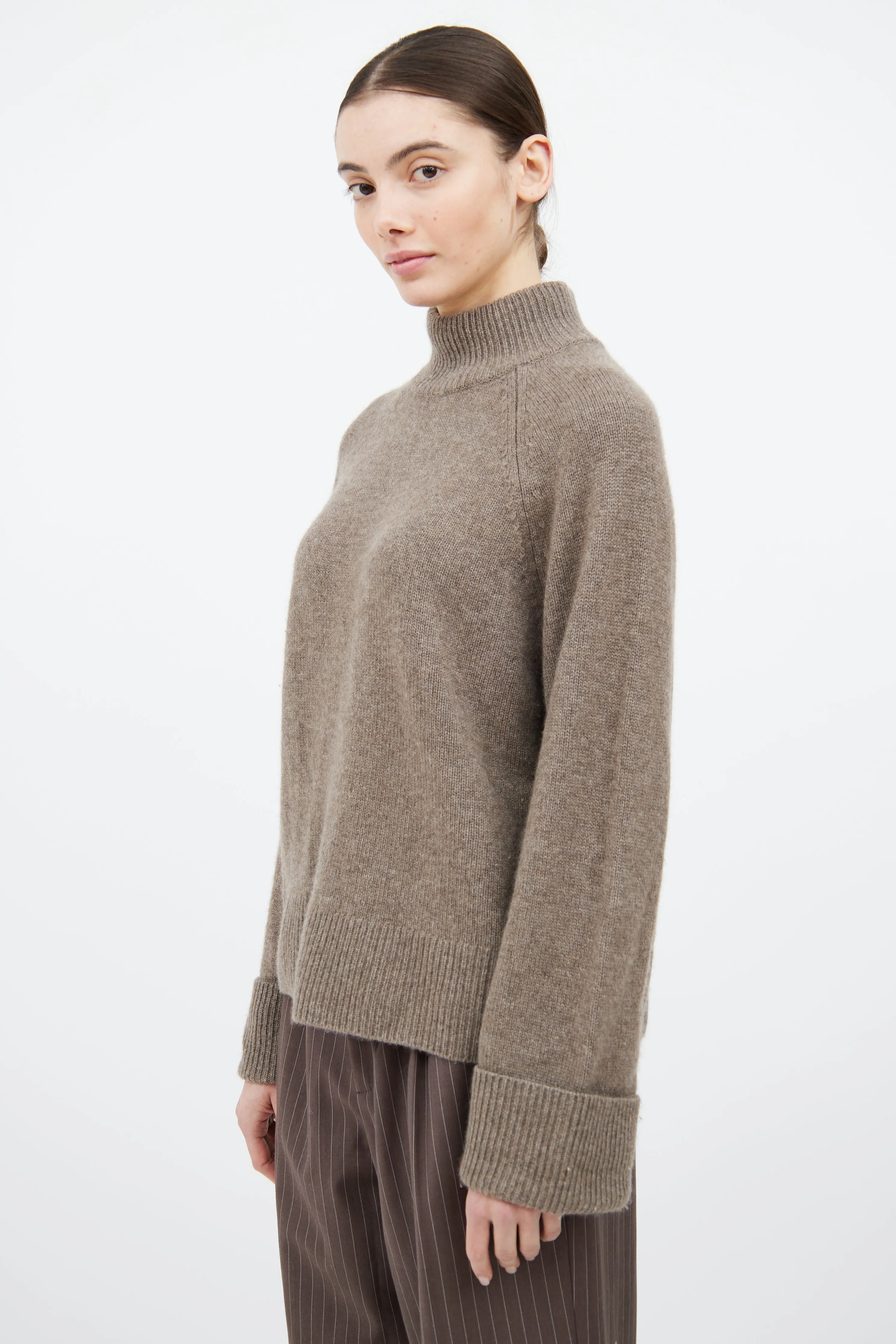 Brown Cashmere Knit Mock Neck Sweater