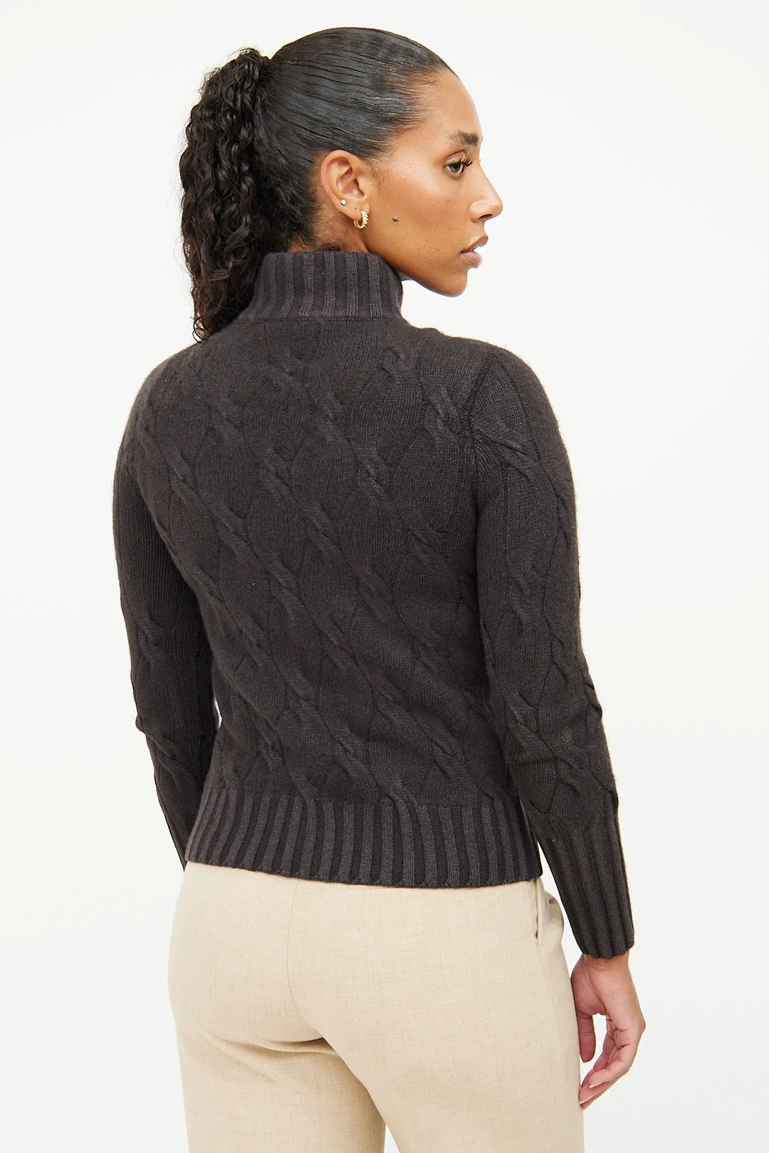 Brown Cashmere Turtleneck Zip Sweater