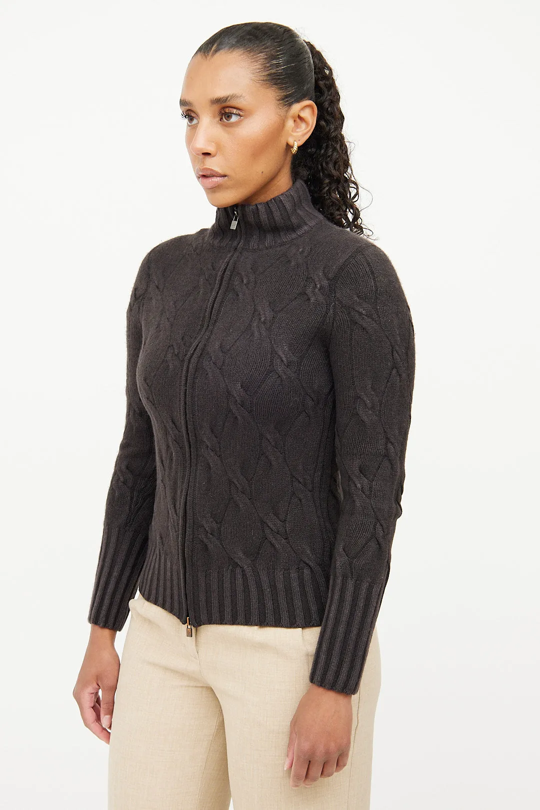 Brown Cashmere Turtleneck Zip Sweater