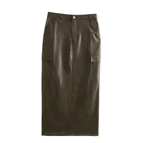 Brown Faux Leather High Waist Slit Cargo Midi Skirt