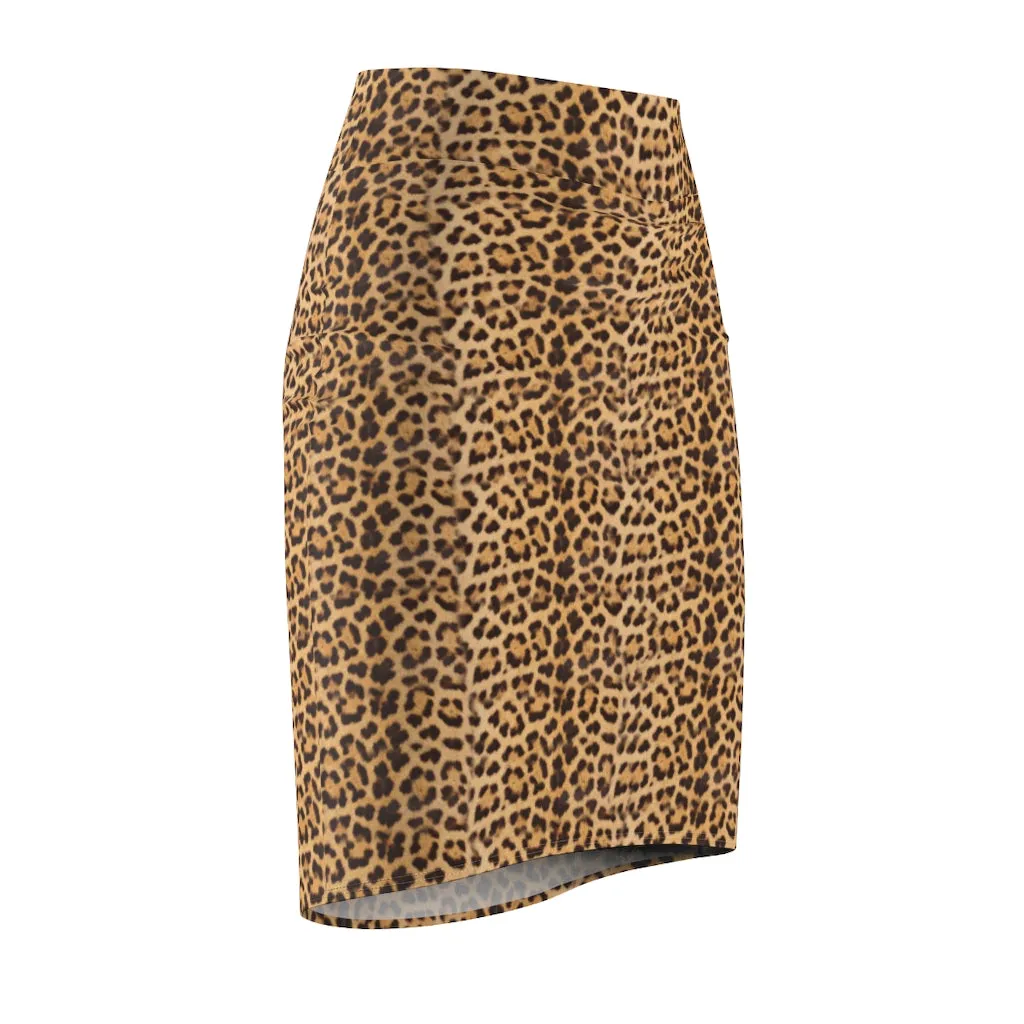 Brown Leopard Women's Pencil Skirt, Best Designer Animal Print Ladies Stretchy Skirt- Made in USA