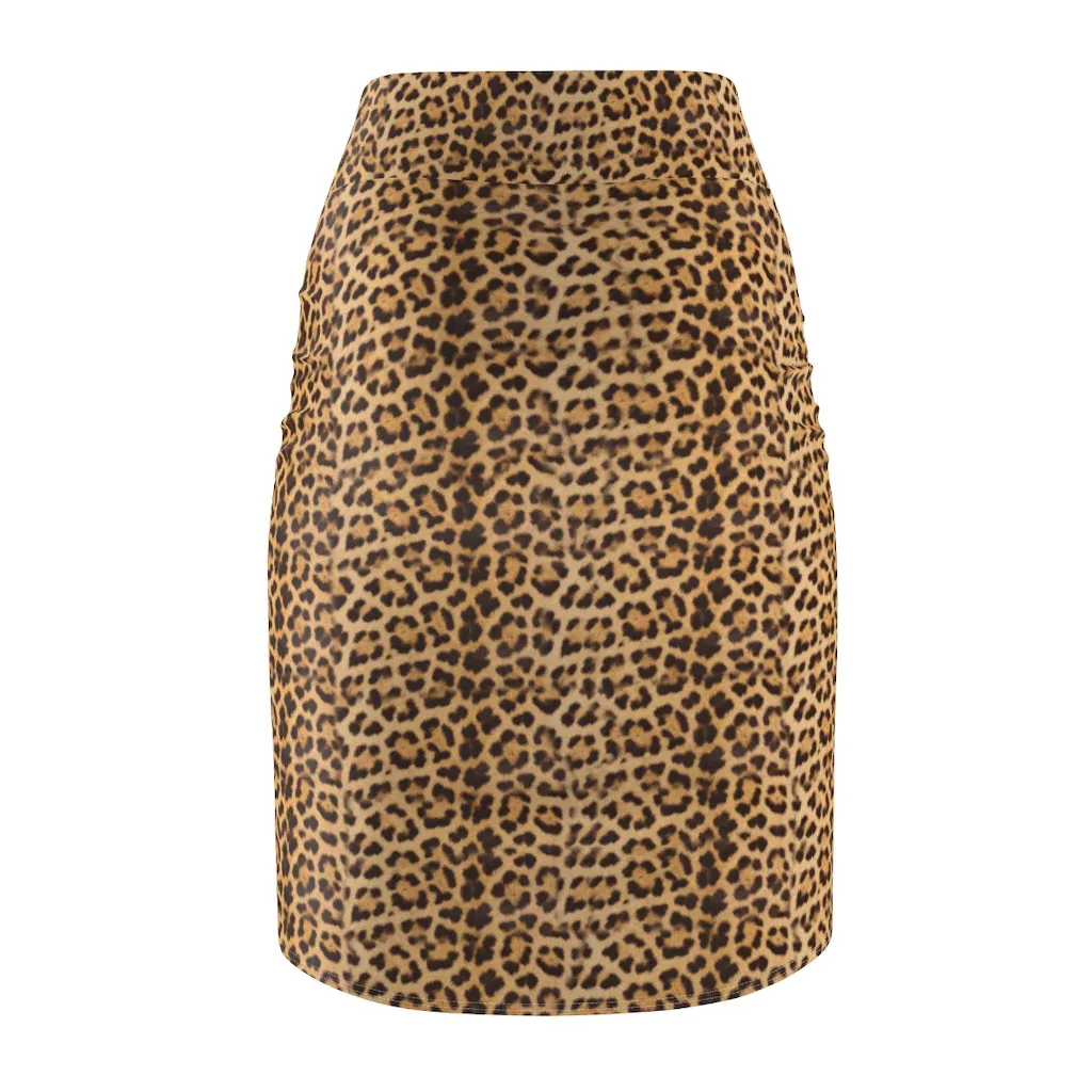 Brown Leopard Women's Pencil Skirt, Best Designer Animal Print Ladies Stretchy Skirt- Made in USA