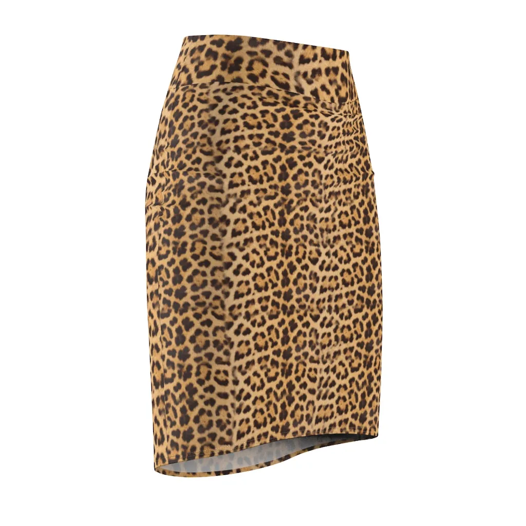 Brown Leopard Women's Pencil Skirt, Premium Quality Animal Print Designer Skirt-Made in USA