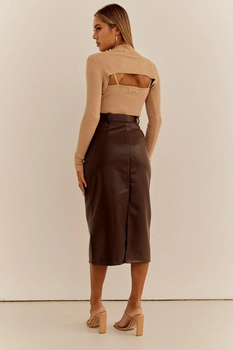 Brown PU Midi Skirt High Rise Pencil Faux Leather