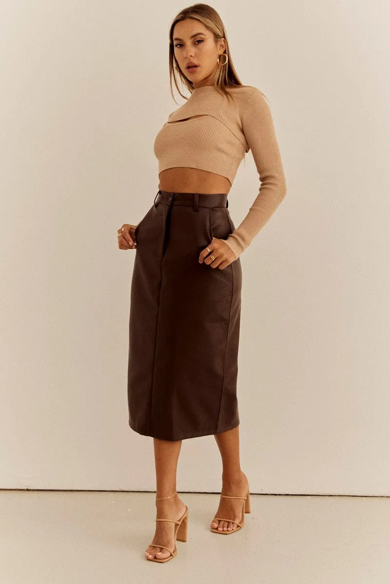 Brown PU Midi Skirt High Rise Pencil Faux Leather