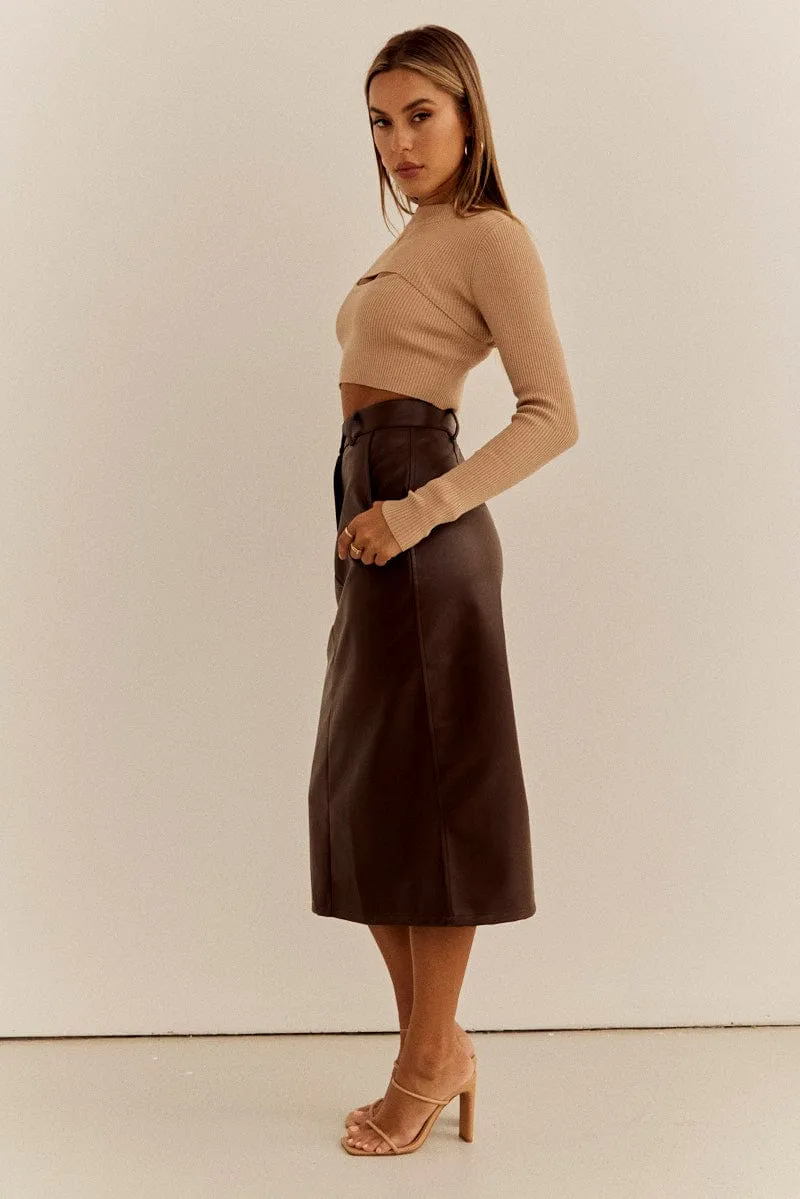 Brown PU Midi Skirt High Rise Pencil Faux Leather